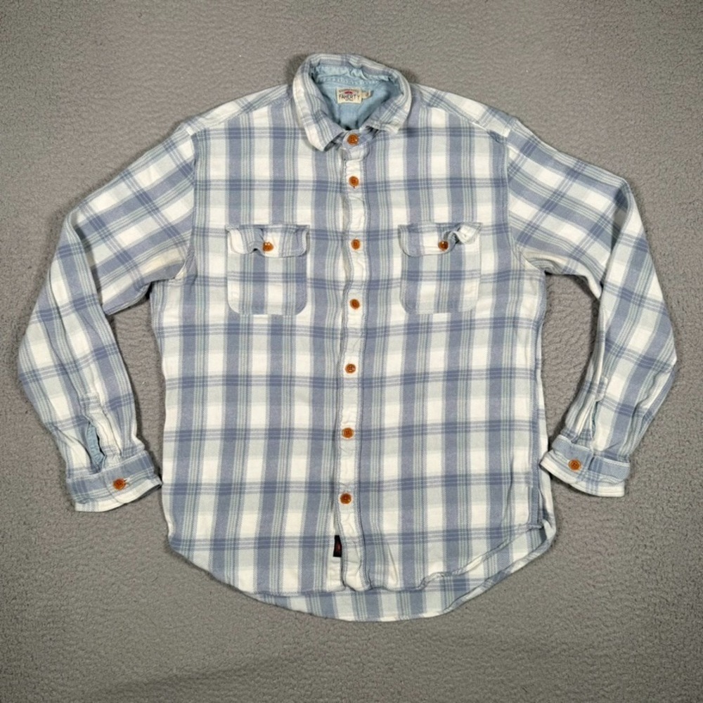 Faherty Shirt Mens Large Blue Plaid Blanket Button Up Casual Preppy Pockets Logo
